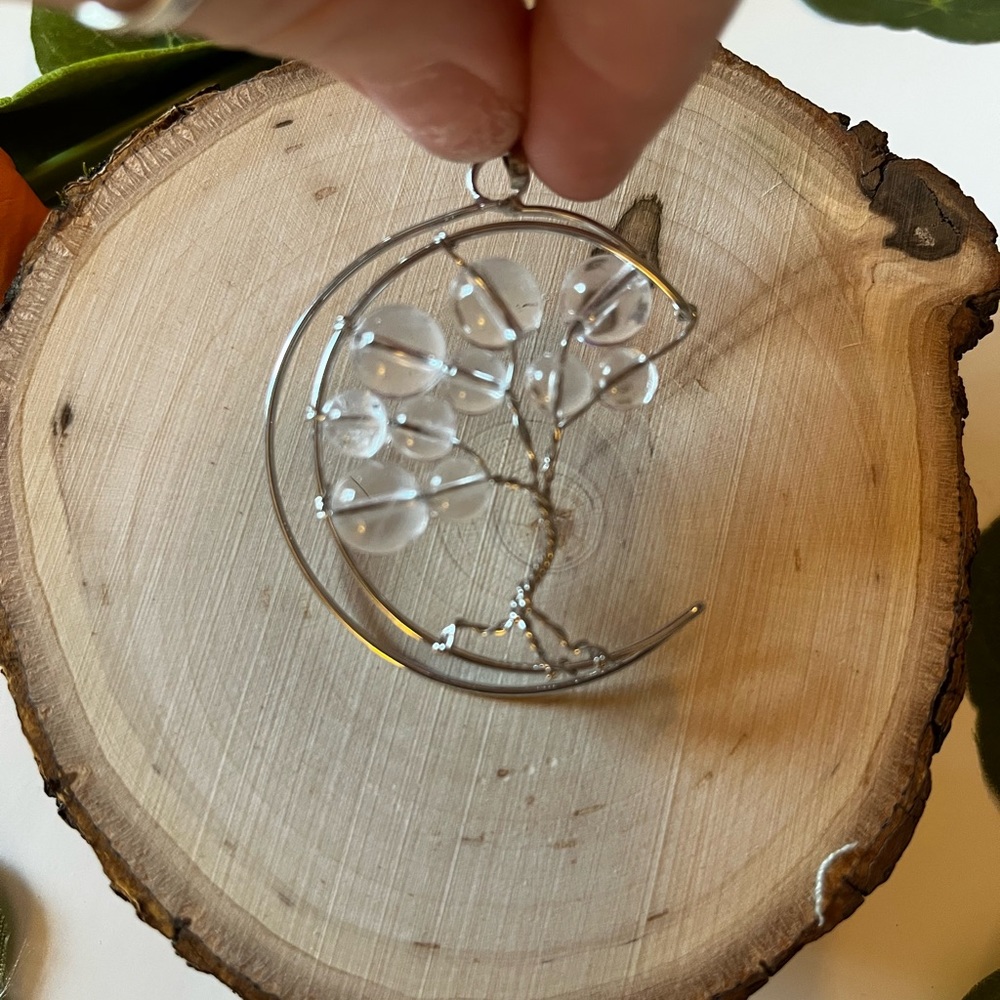 Clear quartz bead double moon pendant